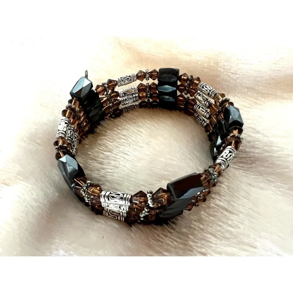 Magnetic Wrap Bracelet Brown Glass Beaded Multi Strand‎ Bronze Black Earthy